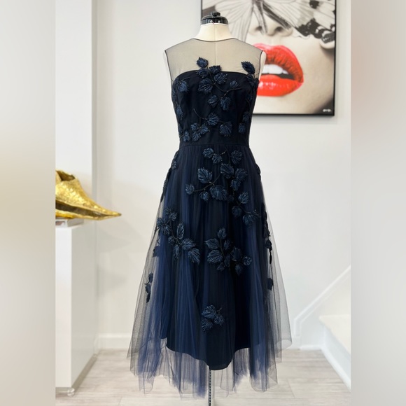 Carolina Herrera Navy Beaded And Appliqued Tulle Mid Length Dress